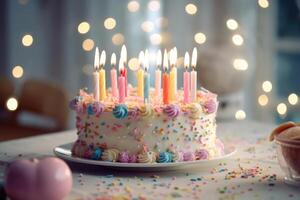 Festive multi colored cake with candles. technology. photo