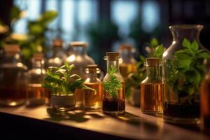 Plants in flasks. Experiments. Laboratory. Generative AI technology. photo