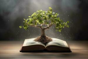 A tree growing out of a book. Generative AI technology. photo