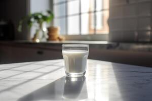 A glass of milk on the table. Generative AI technology. photo