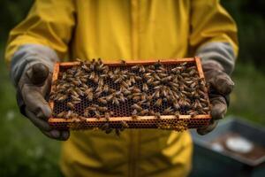 The beekeeper holds a frame with honeycombs and bees. technology. photo