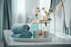 Towel, candles in a bright bathroom. Generative AI technology. photo