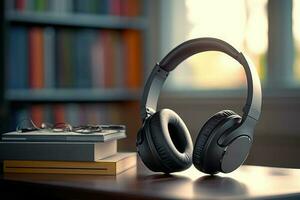 Books and headphones on the table. Audiobooks. Generative AI technology. photo