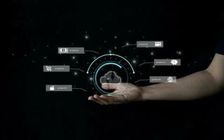 futuristic digital processing of biometric identification fingerprint scanner for access personal financial data. surveillance and security scanning of digital programs cyber futuristic applications photo