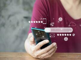 Search engine optimization, SEO, Searching Browsing Internet Data Information Networking Concept, Businessman use smartphone for find data on networking, copy space. photo