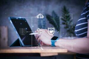 IT staff working with Document Management System, online documentation database and process automation to efficiently manage files, Corporate business technology. photo