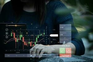 planning and strategy, Stock market, trader or investor working at home. Technical price graph and indicator, red and green candlestick chart and stock trading computer screen background. photo