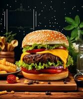 rápido comida hamburguesa póster, hamburguesa diseño Servicio promoción modelo. hamburguesa volantes para restaurante menú, cafetería, etc. generativo ai. foto