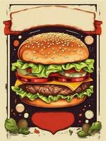 hamburguesa menú ilustración póster con bandera para texto, generativo ai foto