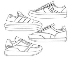 Set of shoes sneaker outline drawing vector, Sneakers drawn in a sketch style, bundling sneakers trainers template outline, vector Illustration.