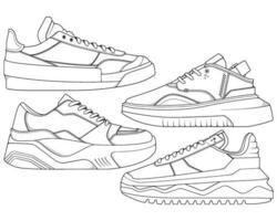 conjunto de Zapatos zapatilla de deporte contorno dibujo vector, zapatillas dibujado en un bosquejo estilo, empaquetar zapatillas entrenadores modelo describir, vector ilustración.