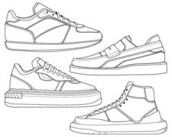 Set of shoes sneaker outline drawing vector, Sneakers drawn in a sketch style, bundling sneakers trainers template outline, vector Illustration.