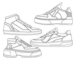 conjunto de Zapatos zapatilla de deporte contorno dibujo vector, zapatillas dibujado en un bosquejo estilo, empaquetar zapatillas entrenadores modelo describir, vector ilustración.