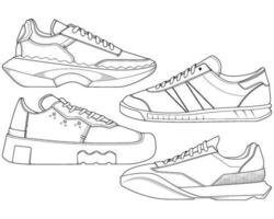 conjunto de Zapatos zapatilla de deporte contorno dibujo vector, zapatillas dibujado en un bosquejo estilo, empaquetar zapatillas entrenadores modelo describir, vector ilustración.