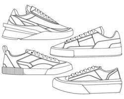 conjunto de Zapatos zapatilla de deporte contorno dibujo vector, zapatillas dibujado en un bosquejo estilo, empaquetar zapatillas entrenadores modelo describir, vector ilustración.