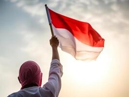 poster of man waving indonesian flag, generative ai photo