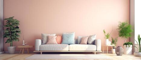 portrait of living room interior with minimalist style decoration and bright pastel color background, generative ai photo