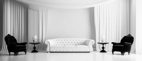 portrait of minimalist style living room interior on black and white background, generative ai photo