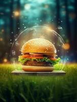 Fast food burger poster, burger design service promotion template. Burger flyer for restaurant menu, cafe, etc. Generative Ai. photo