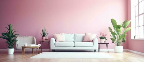 portrait of living room interior with minimalist style decoration and bright pastel color background, generative ai photo