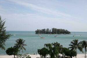 View of ocean bay sandy beach sailing yacht island keys photo