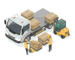 Medium Truck isometric Waiting to receive goods or product and a forklift carrying the product and worker staff is inspecting the product before delivery in warehouse transportation isolated vector