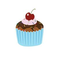 Cupcake with cherry vector in cartoon style. Birthday item in doodle style. Hand drawing cake icon for party concept. Confectionery symbol