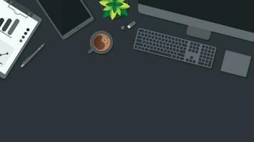 Cover and banner of working desk with gadget. Top view of table working and free space for text with computer, laptop, notebook, coffee cup, phone and paper. vector