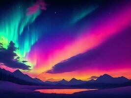 Aurora northern vibrant gradient Lights over tree mountain beautiful purple, green starry sky photo