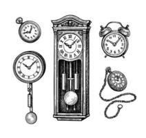 Different types of vintage clocks. Ink sketch set isolated on white background. Hand drawn vector illustration. Retro style.