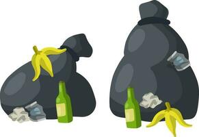Garbage bag. Black bag with trash and junk. Empty green beer bottle, banana peel, jar, crumpled paper. The problem of disposal and recycling. Cartoon flat illustration. Set scrap vector