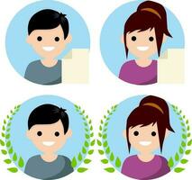Set of avatars of man and woman in circle. New file icon. Guy and girl. Social network elements and applications. Happy face of character. Cartoon flat illustration. Green Laurel wreath of winner vector