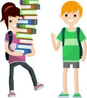 Young students with book and backpack. Boy and girl at school. Funny Couple. Woman carries heap of books. Education and studies vector