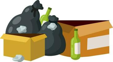 Garbage bag. Black bag with trash and junk. Empty green beer bottle, banana peel, jar, crumpled paper. The problem of disposal and recycling. Cartoon flat illustration. Set scrap vector