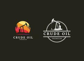 Vintage Retro Crude Oil Mining Pump Machine Silhouette Logo design vector