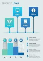 Infographic template for presentations and features data visualization includes a process chart with diagrams, steps, options. The concept for marketing through illustrations for drive to success. vector