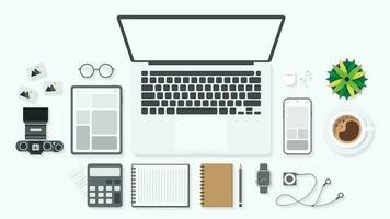 Cover and banner of working desk with gadget. Top view of table working and free space for text with computer, laptop, notebook, coffee cup, phone and paper. vector