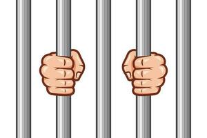 Illustration hands holding prison bars vector background.
