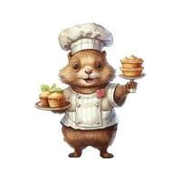 Cute Beaver As Baker Carry Cakes Standing Dynamically vector