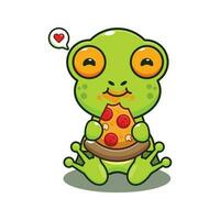 cute frog eating pizza cartoon vector illustration.