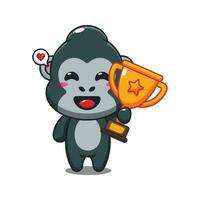gorilla holding gold trophy cup cartoon vector illustration.