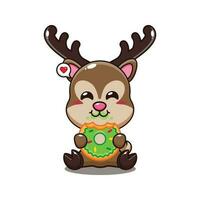 deer eating donut cartoon vector illustration.