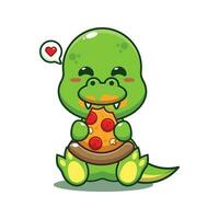 dino eating pizza cartoon vector illustration.
