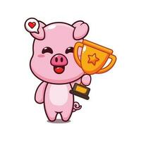 cute pig holding gold trophy cup cartoon vector illustration.