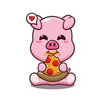 cute pig eating pizza cartoon vector illustration.