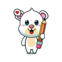 cute polar bear holding pencil cartoon vector illustration.