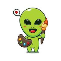 cute alien painter cartoon vector illustration.