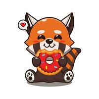 cute red panda eating donut cartoon vector illustration.