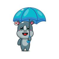 cute rhino holding umbrella cartoon vector illustration.