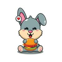 linda Conejo con hamburguesa dibujos animados vector ilustración.